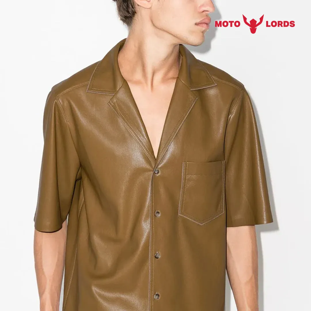 Mens Half Sleeves Khaki Leather Shirt for Men | Sale 2024 Upto 30% Off