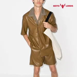 Mens Half Sleeves Khaki Leather Shirt for Men | Sale 2024 Upto 30% Off