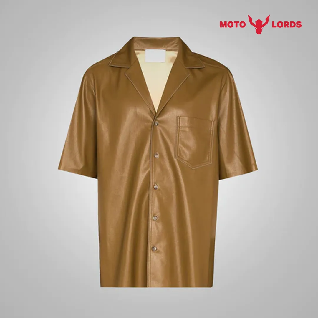 Mens Half Sleeves Khaki Leather Shirt for Men | Sale 2024 Upto 30% Off