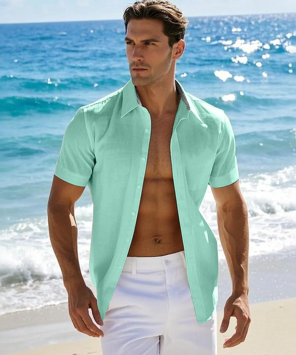Men's Linen Shirt Short Sleeve Casual Button Down Shirt for Men Summer Holiday Beach Shirt
