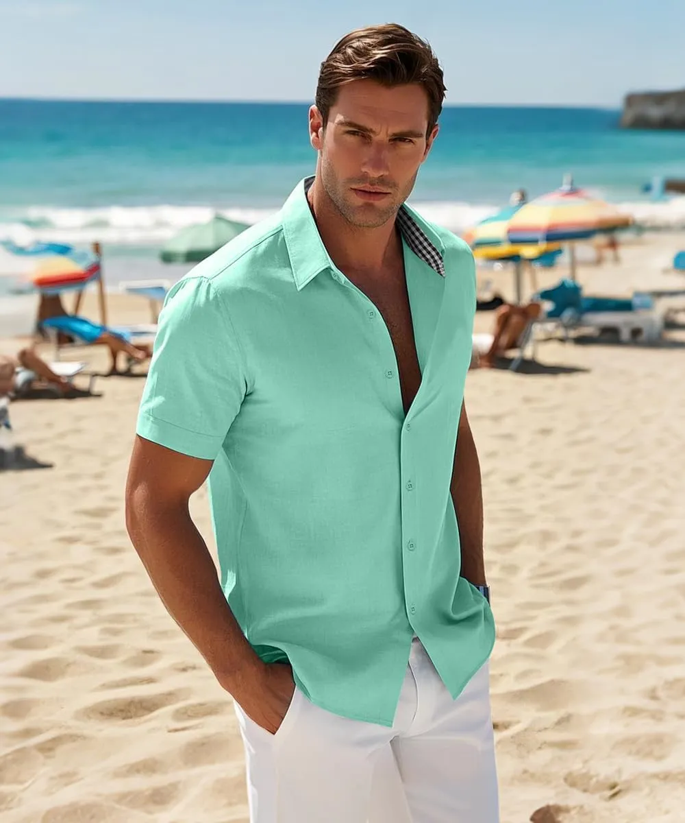 Men's Linen Shirt Short Sleeve Casual Button Down Shirt for Men Summer Holiday Beach Shirt