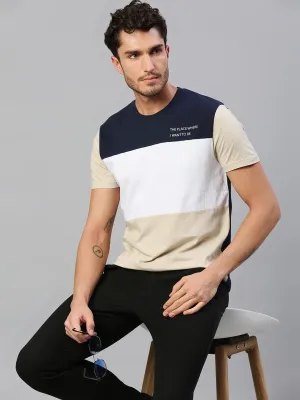 Men's Pure Cotton Color Block Half Sleeves Crew Neck T-Shirt (White)