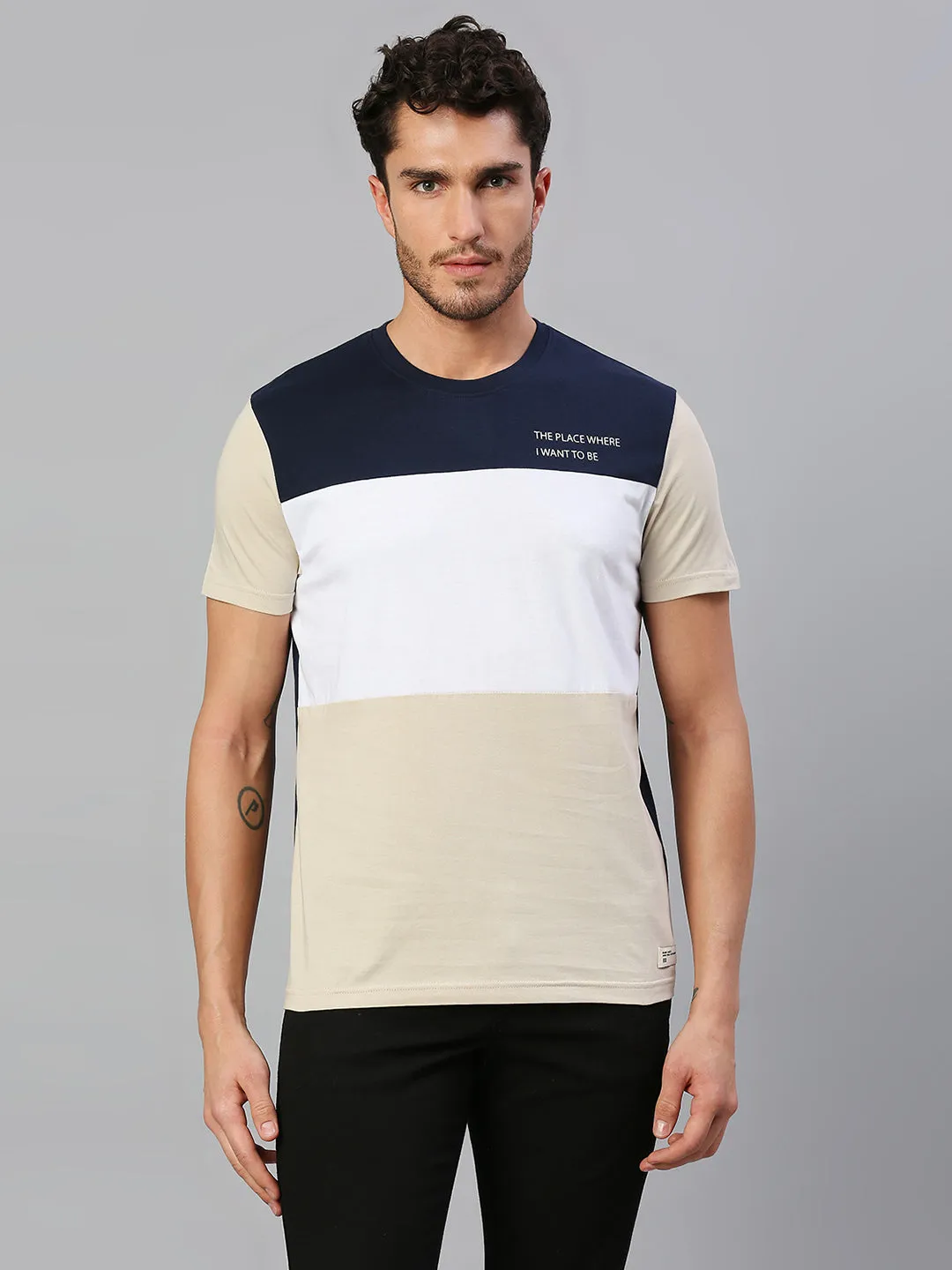 Men's Pure Cotton Color Block Half Sleeves Crew Neck T-Shirt (White)