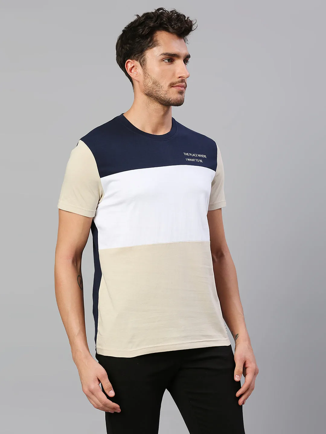 Men's Pure Cotton Color Block Half Sleeves Crew Neck T-Shirt (White)