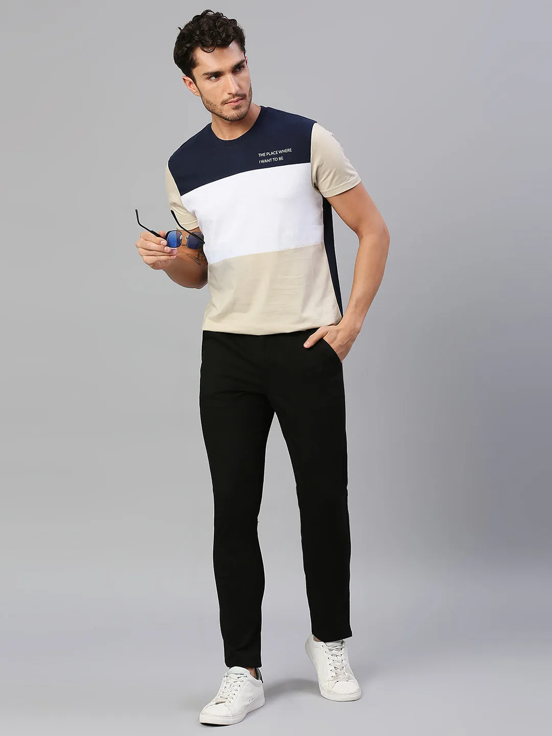 Men's Pure Cotton Color Block Half Sleeves Crew Neck T-Shirt (White)