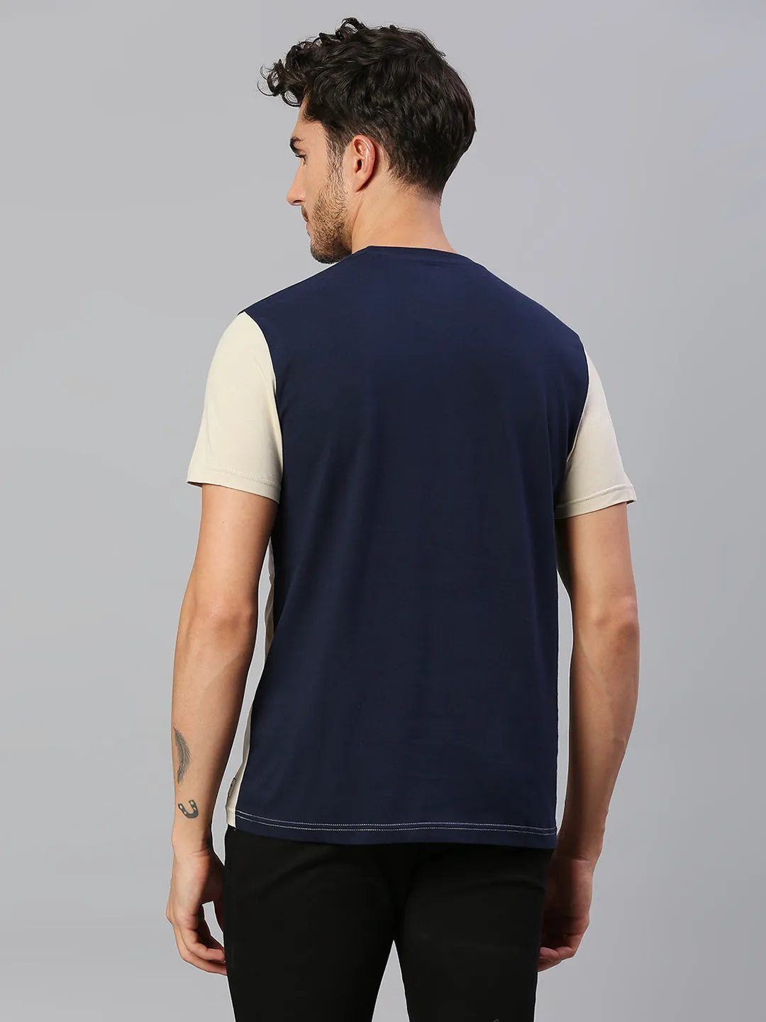 Men's Pure Cotton Color Block Half Sleeves Crew Neck T-Shirt (White)