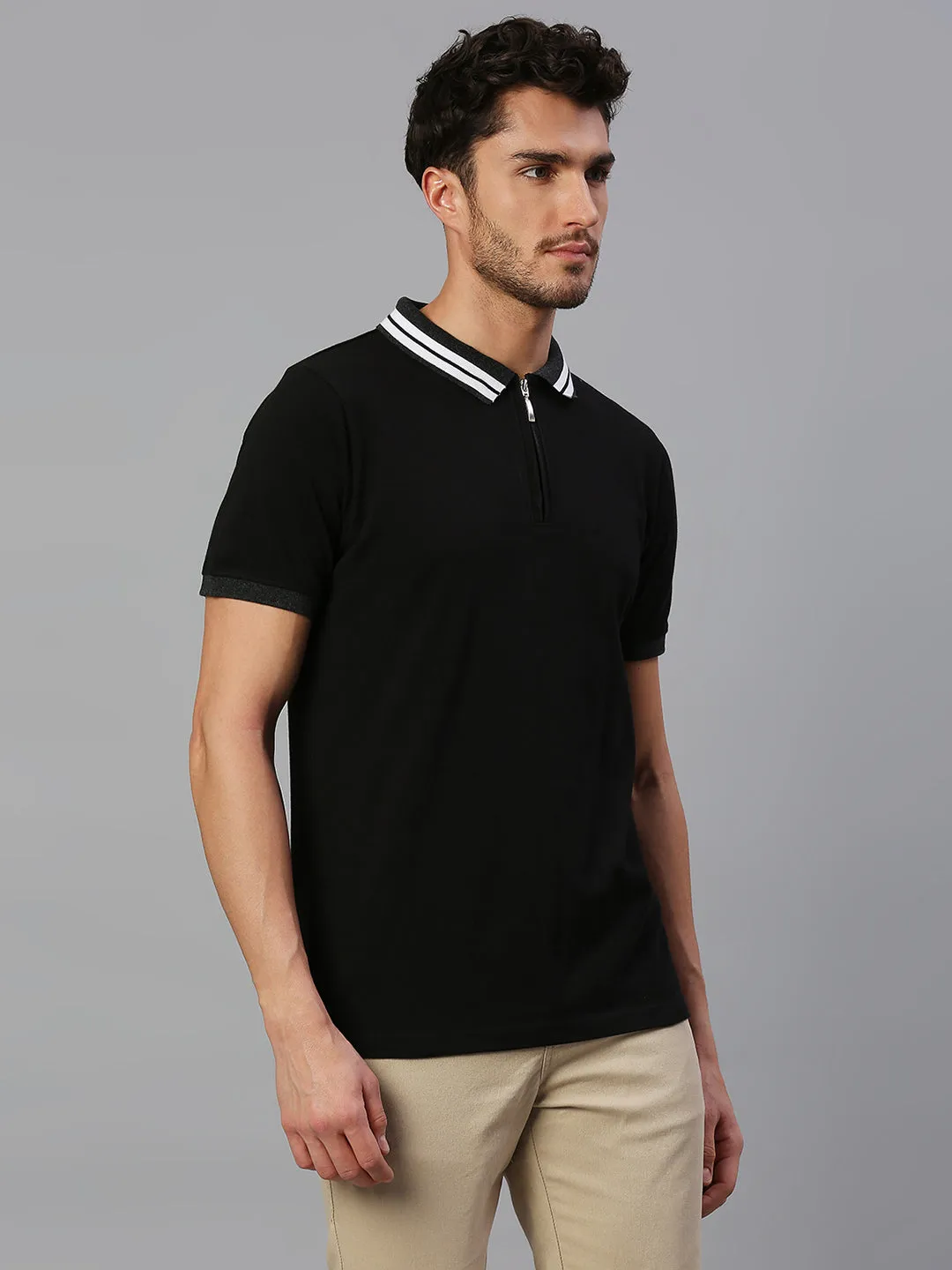Men's Pure Cotton Solid Half Sleeves Polo T-Shirt (Black)