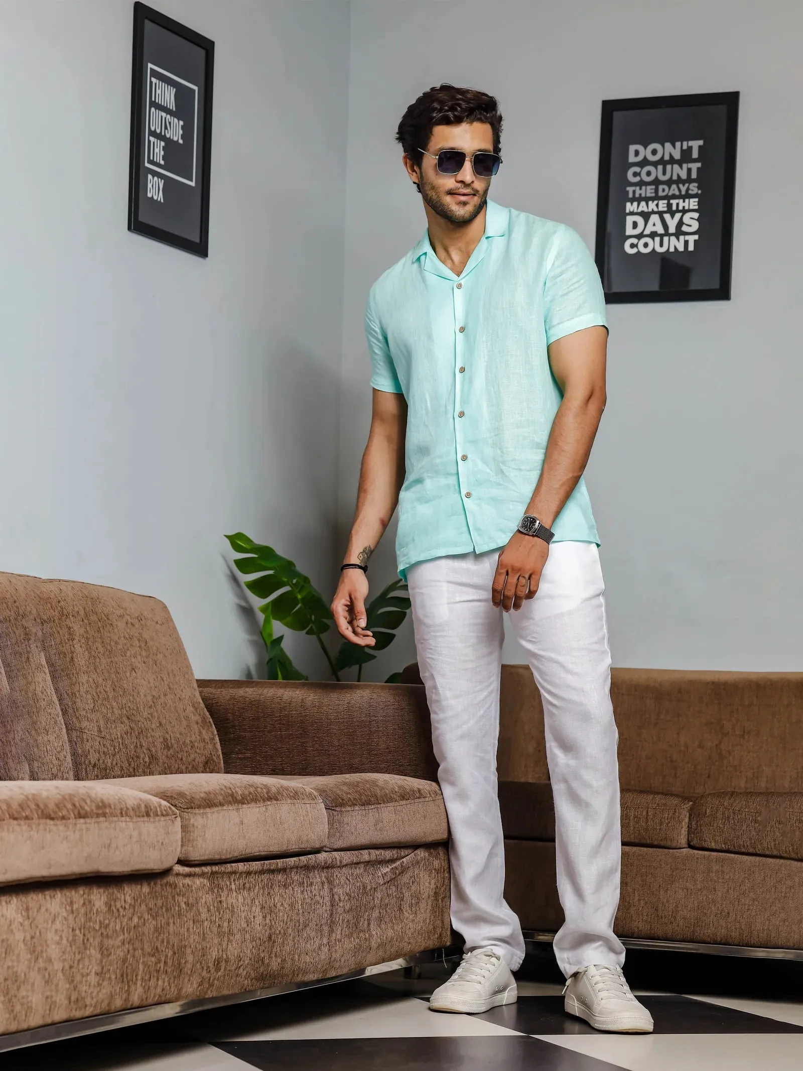Nathan - Cuban Collar Pure Linen Half Sleeve Shirt - Light Blue