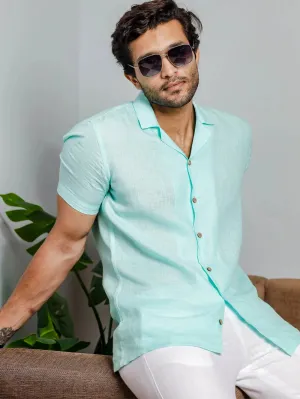 Nathan - Cuban Collar Pure Linen Half Sleeve Shirt - Light Blue