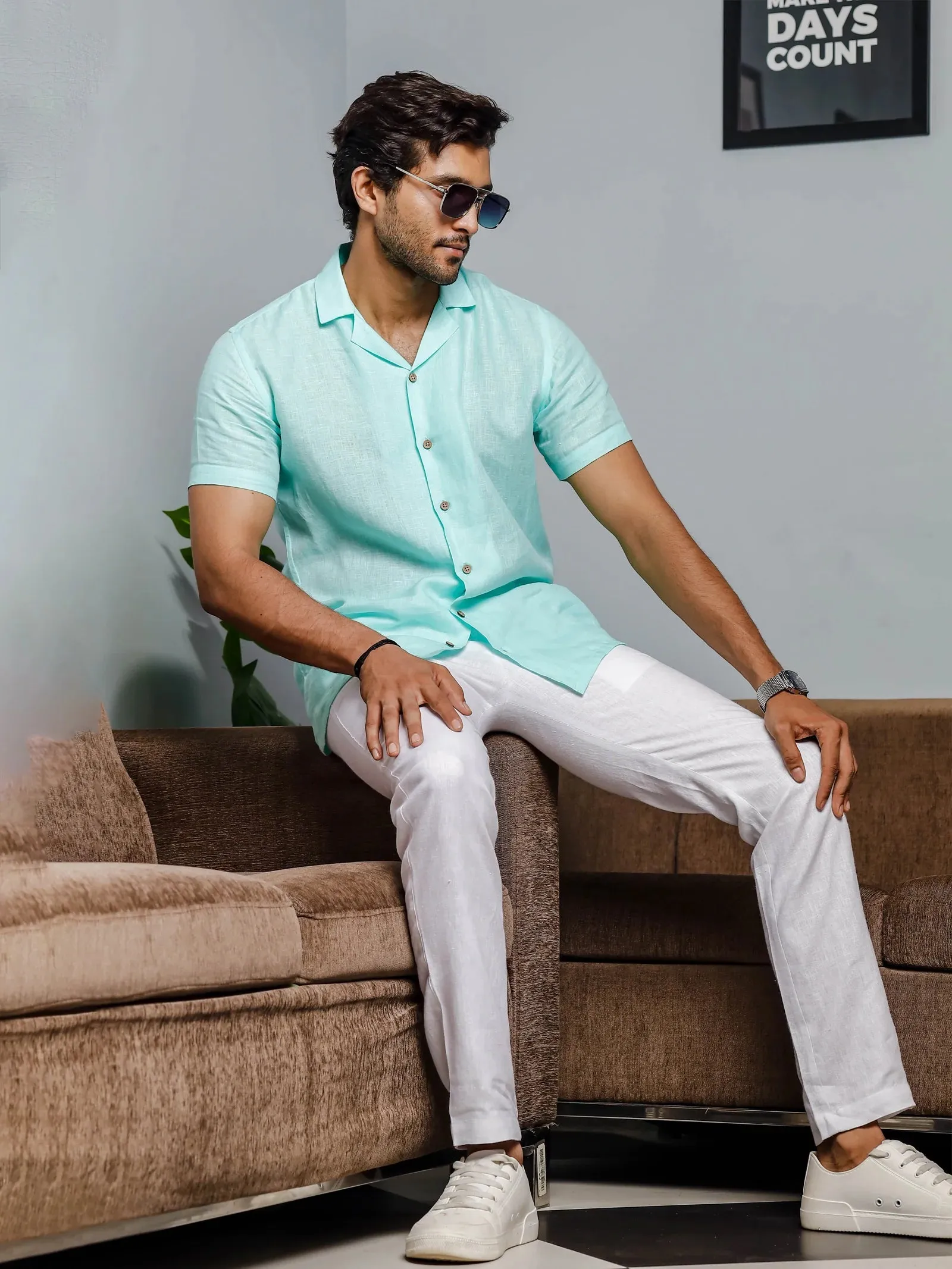 Nathan - Cuban Collar Pure Linen Half Sleeve Shirt - Light Blue