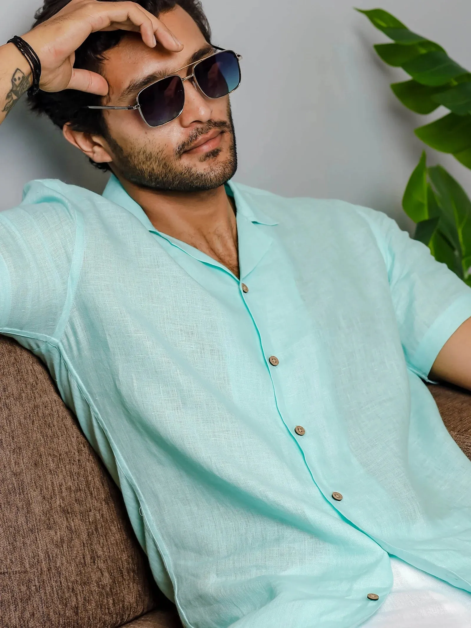 Nathan - Cuban Collar Pure Linen Half Sleeve Shirt - Light Blue