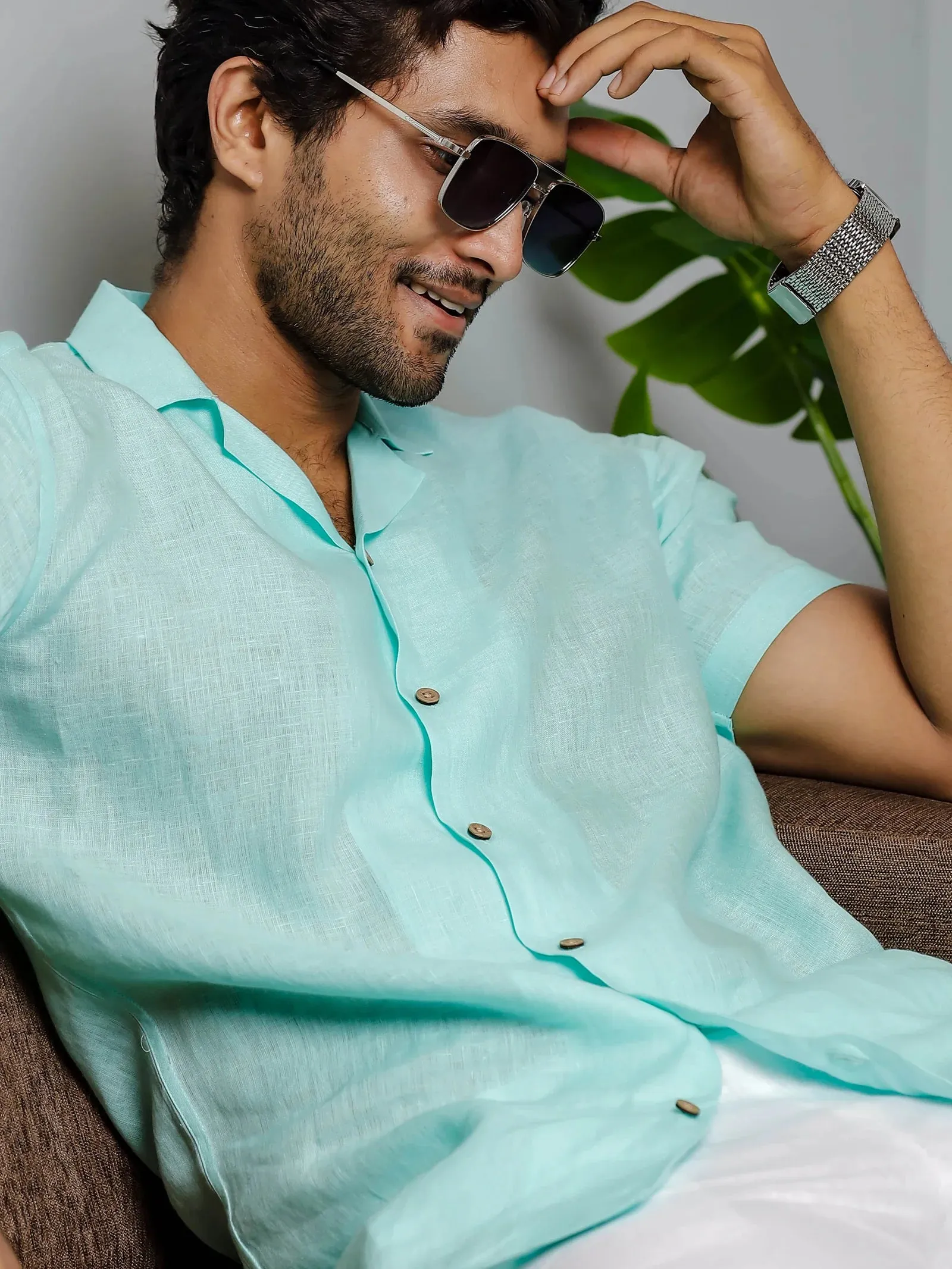 Nathan - Cuban Collar Pure Linen Half Sleeve Shirt - Light Blue
