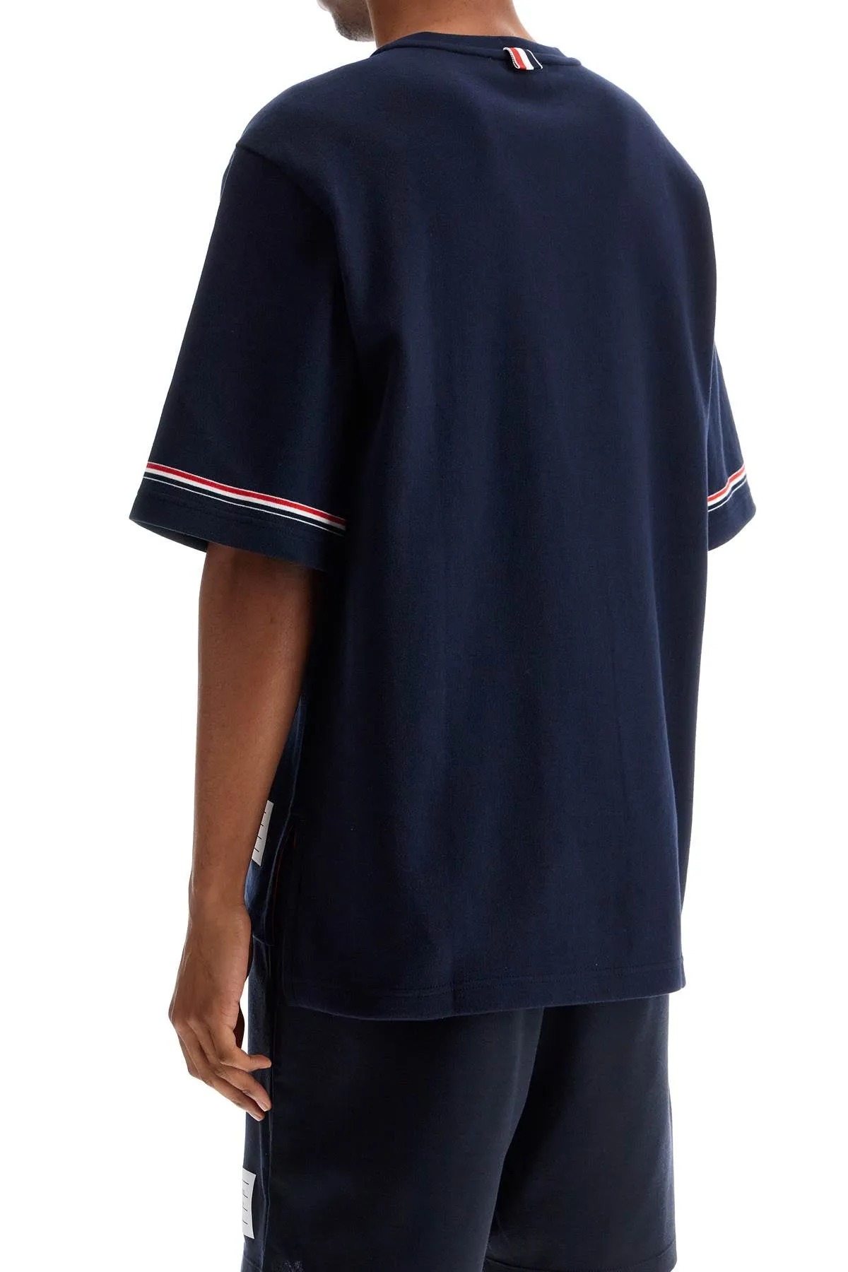 NAVY BLUE STRIPED COTTON T-SHIRT WITH WIDE NECK