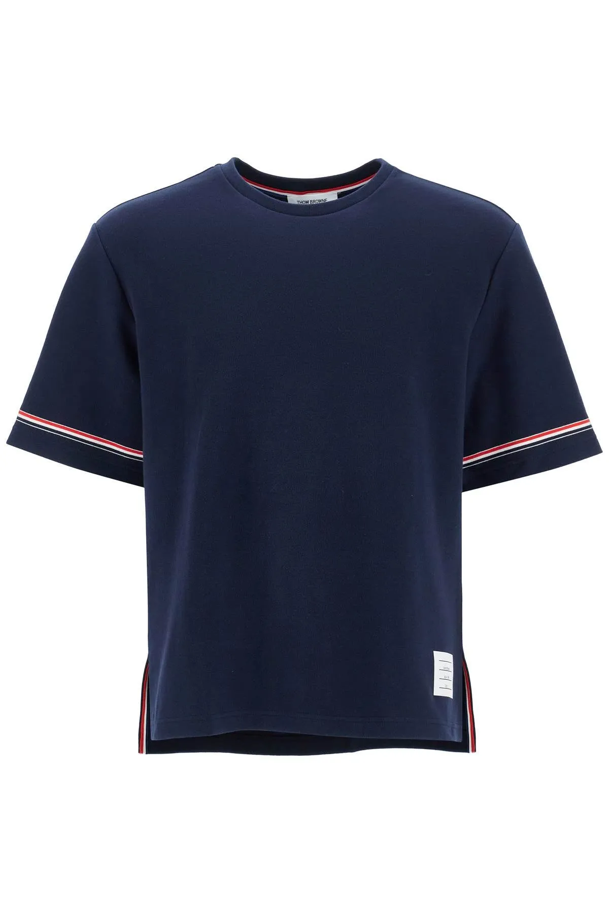 NAVY BLUE STRIPED COTTON T-SHIRT WITH WIDE NECK