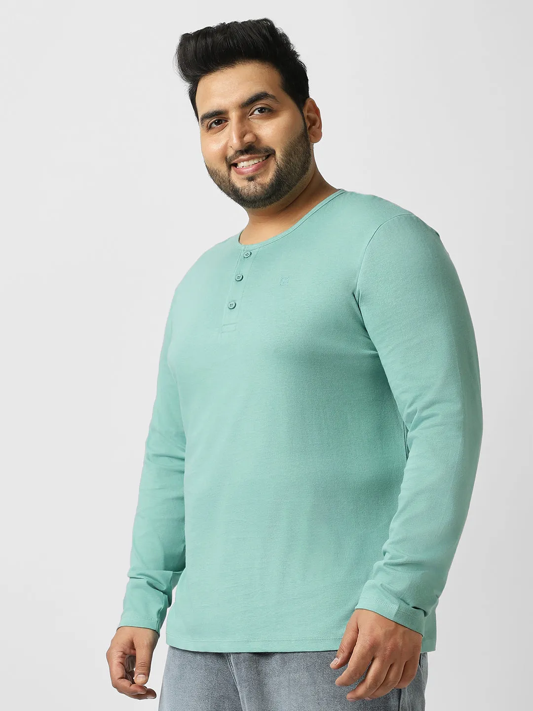 Plus Men's Nile Blue Solid Henley Neck Regular Fit Full Sleeve Cotton T-Shirt