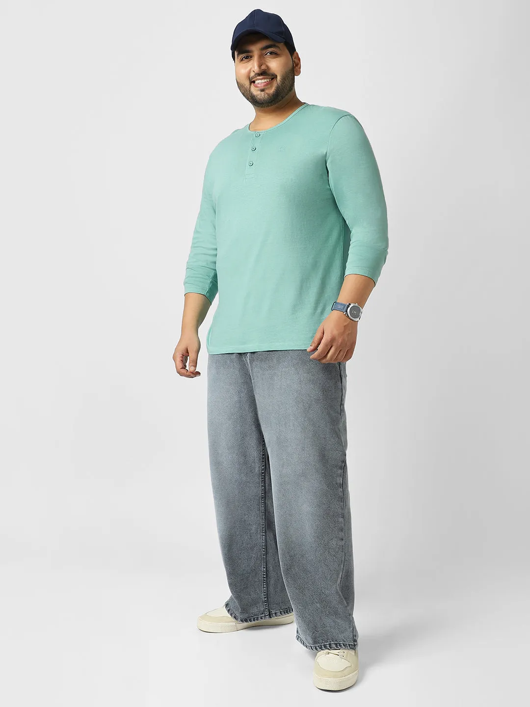 Plus Men's Nile Blue Solid Henley Neck Regular Fit Full Sleeve Cotton T-Shirt