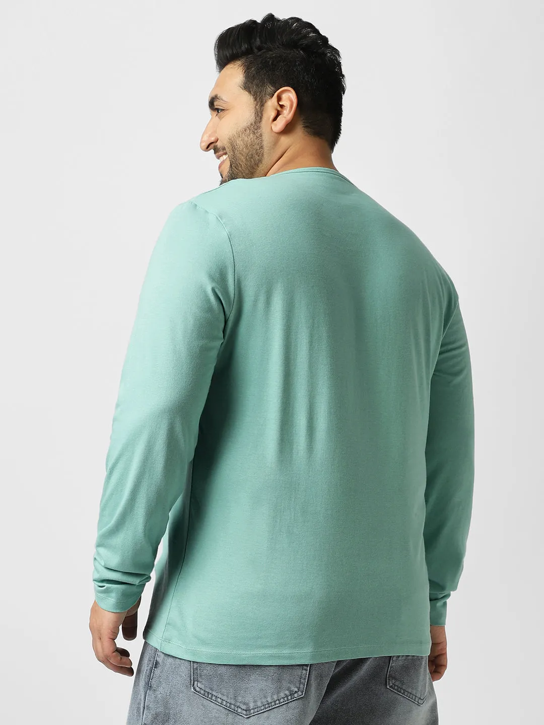 Plus Men's Nile Blue Solid Henley Neck Regular Fit Full Sleeve Cotton T-Shirt