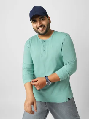 Plus Men's Nile Blue Solid Henley Neck Regular Fit Full Sleeve Cotton T-Shirt