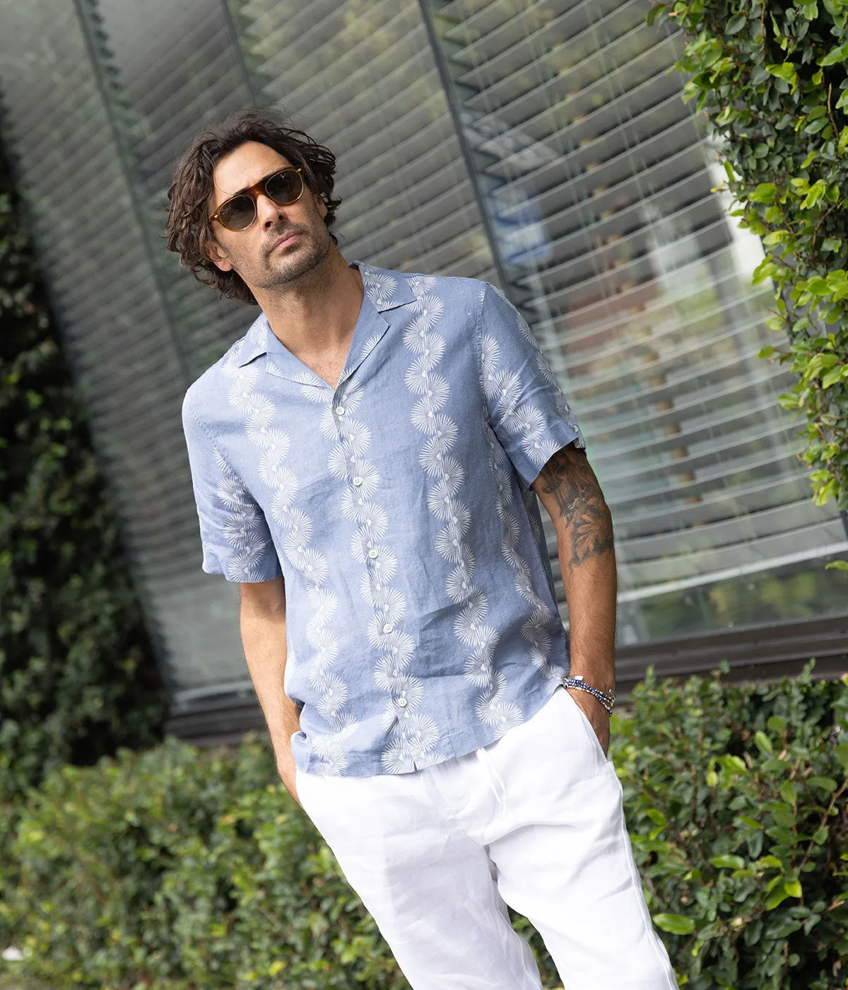 Roberto Linen Short Sleeve Geo Shirt in Denim Blue