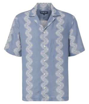 Roberto Linen Short Sleeve Geo Shirt in Denim Blue