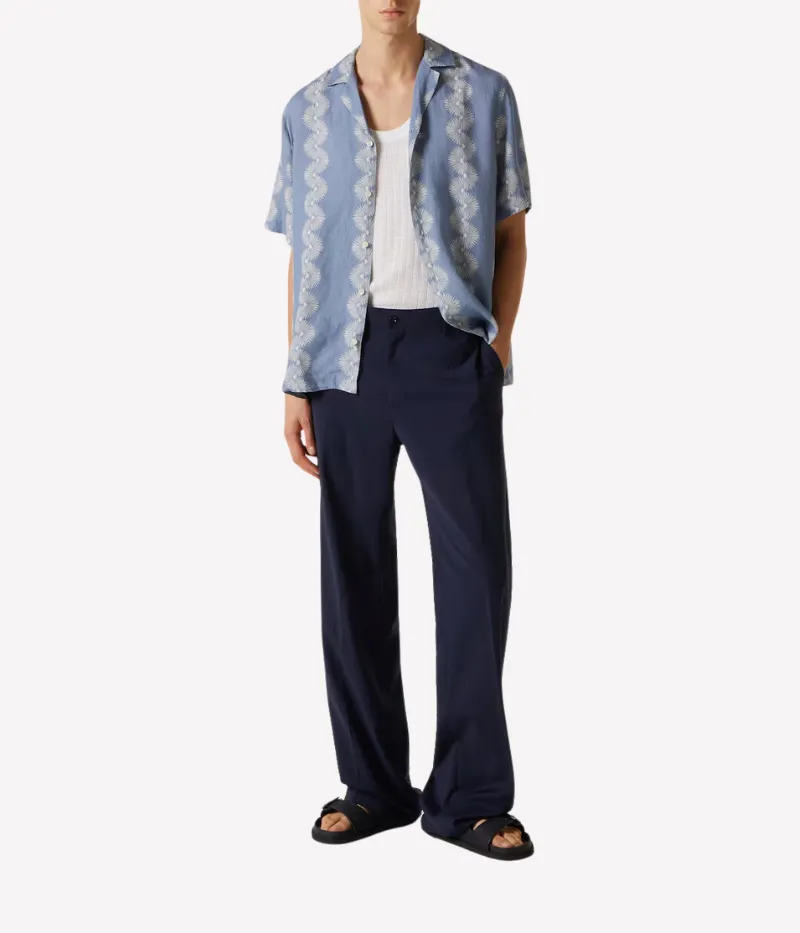 Roberto Linen Short Sleeve Geo Shirt in Denim Blue