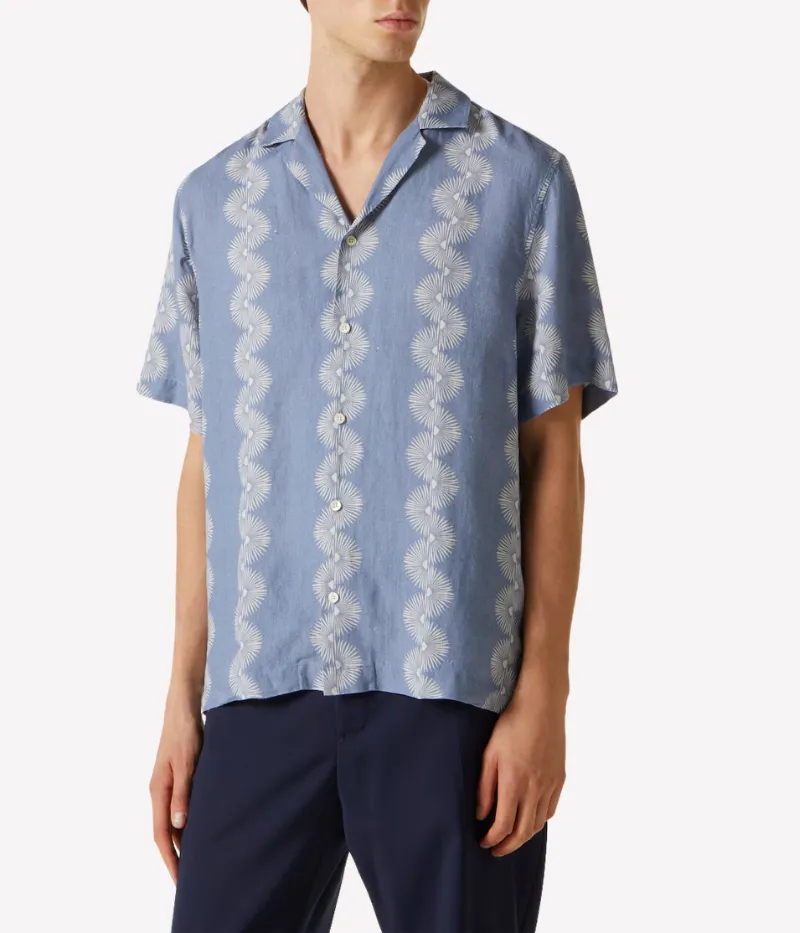 Roberto Linen Short Sleeve Geo Shirt in Denim Blue