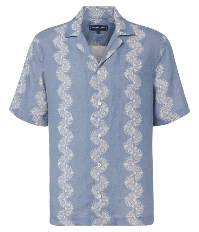 Roberto Linen Short Sleeve Geo Shirt in Denim Blue