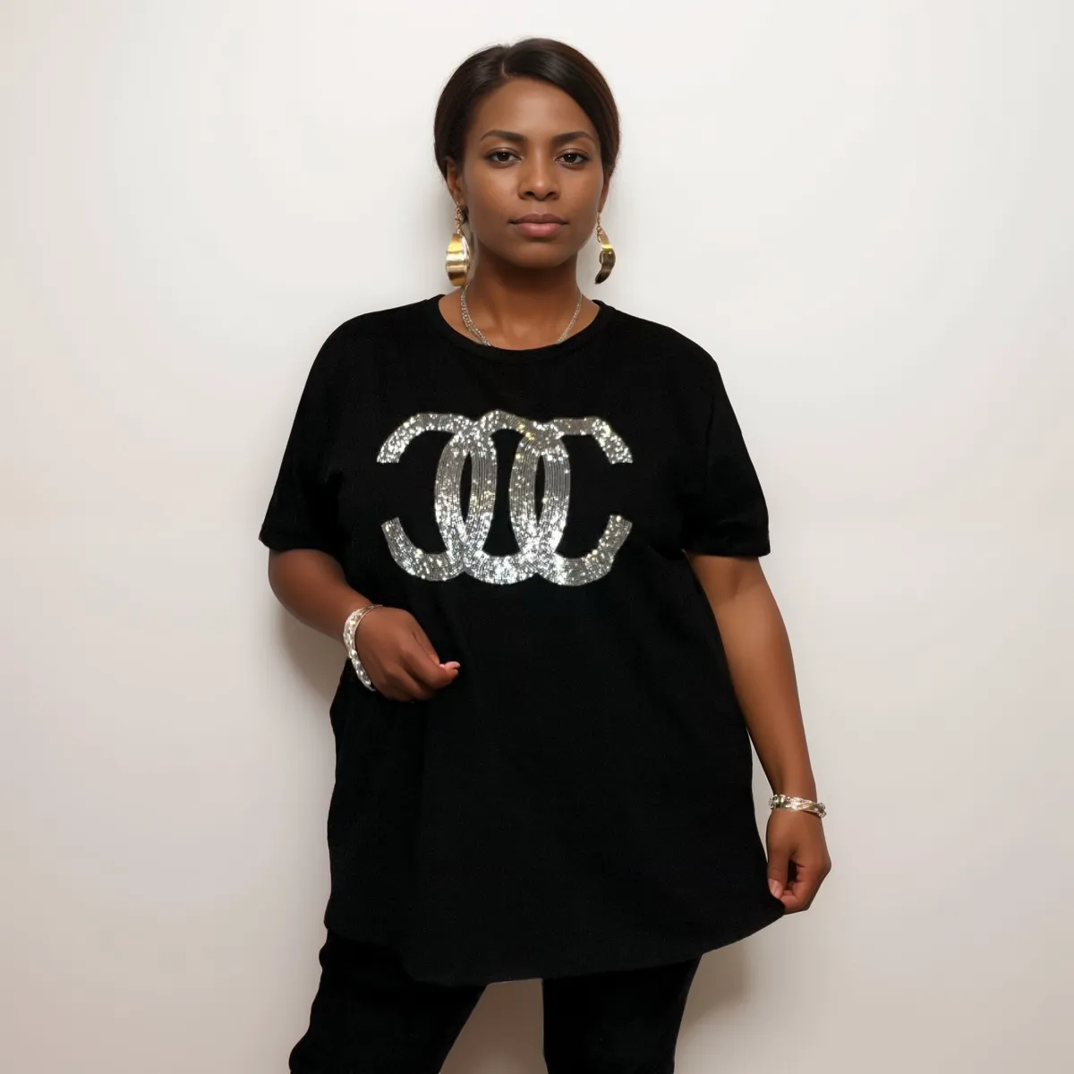 ROCKTHOSECURVES STUDDED SHORT SLEEVE COTTON T-SHIRT LONGER LENGTH