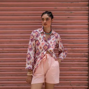Ruhani White and Pink Ikat Blockprinted Shirt