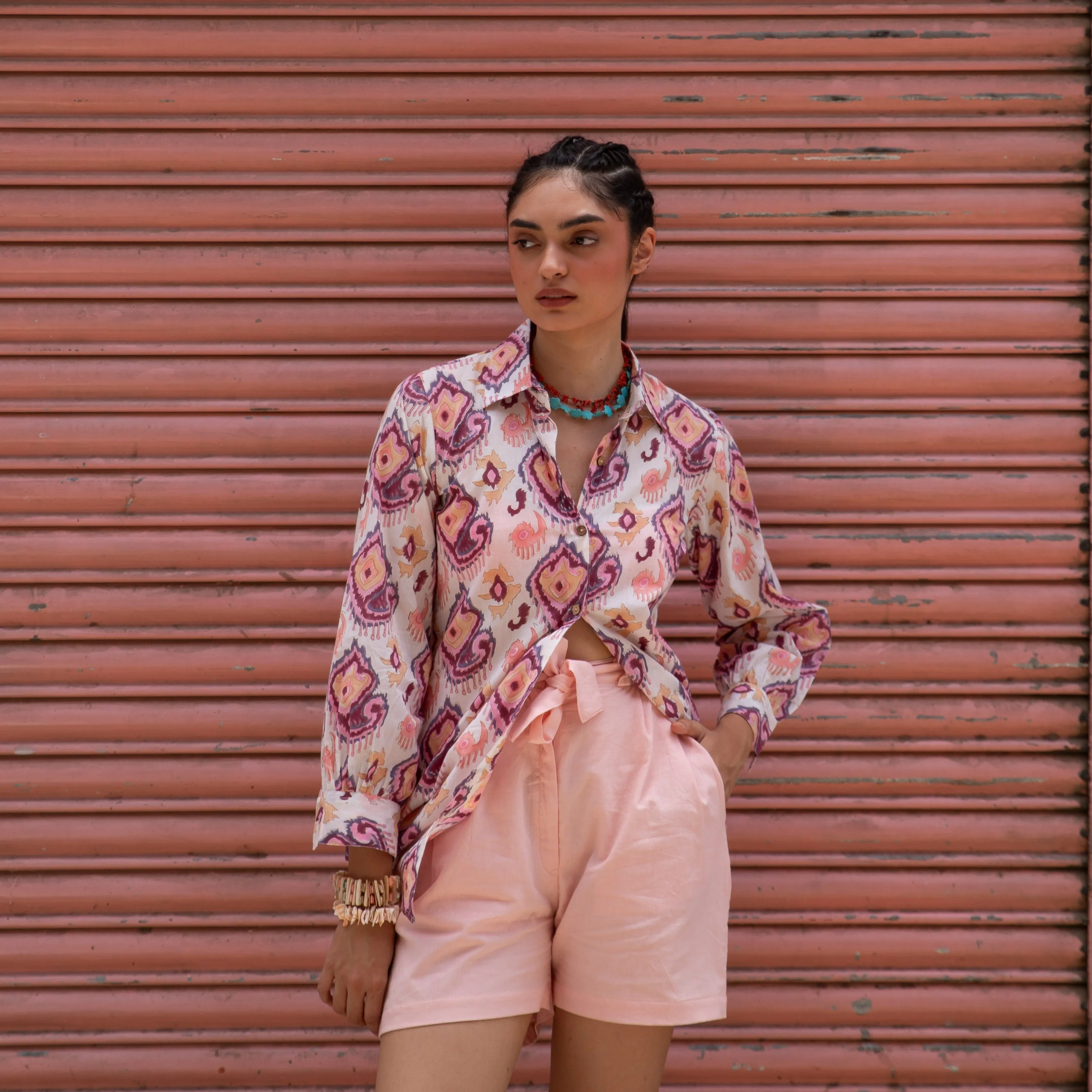 Ruhani White and Pink Ikat Blockprinted Shirt