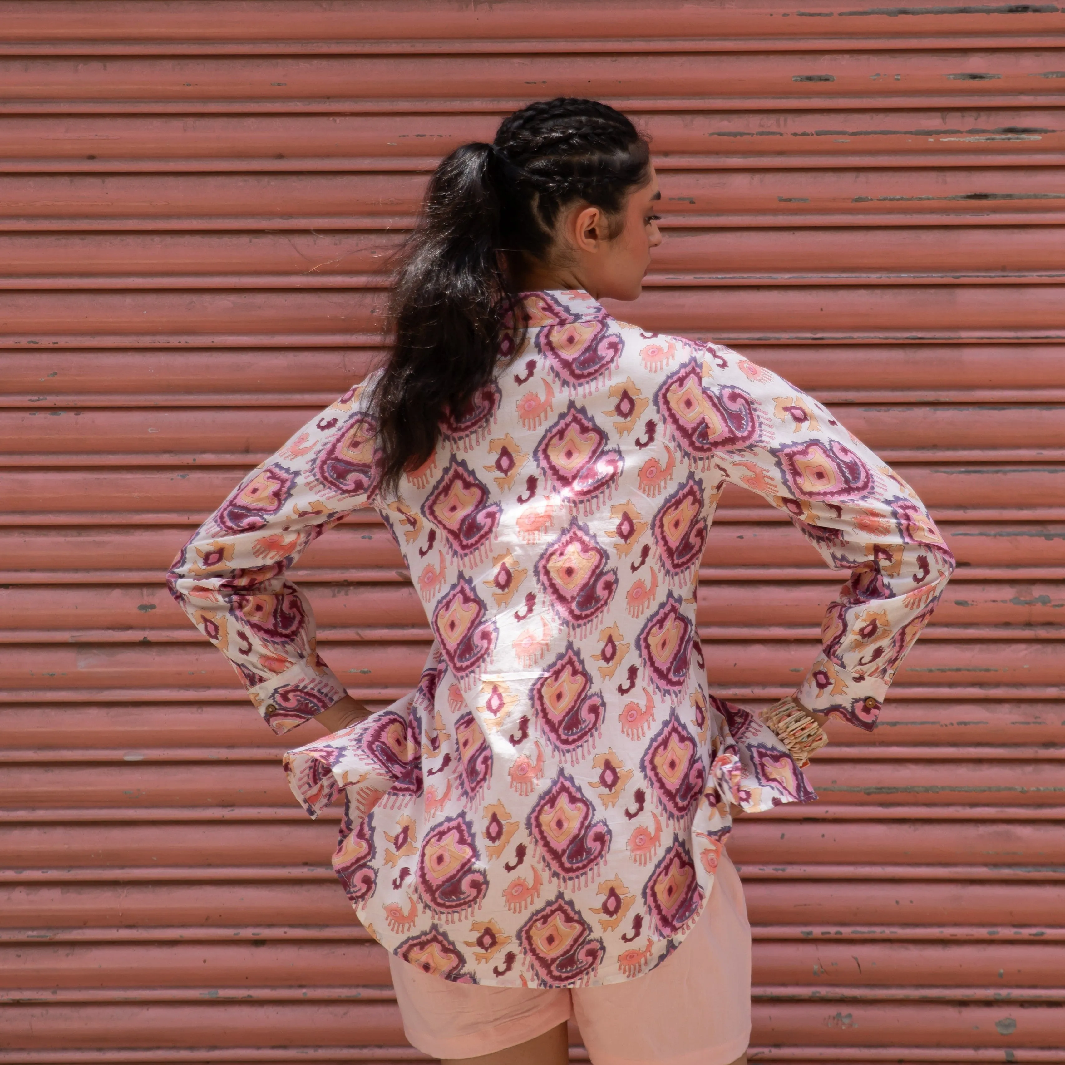 Ruhani White and Pink Ikat Blockprinted Shirt