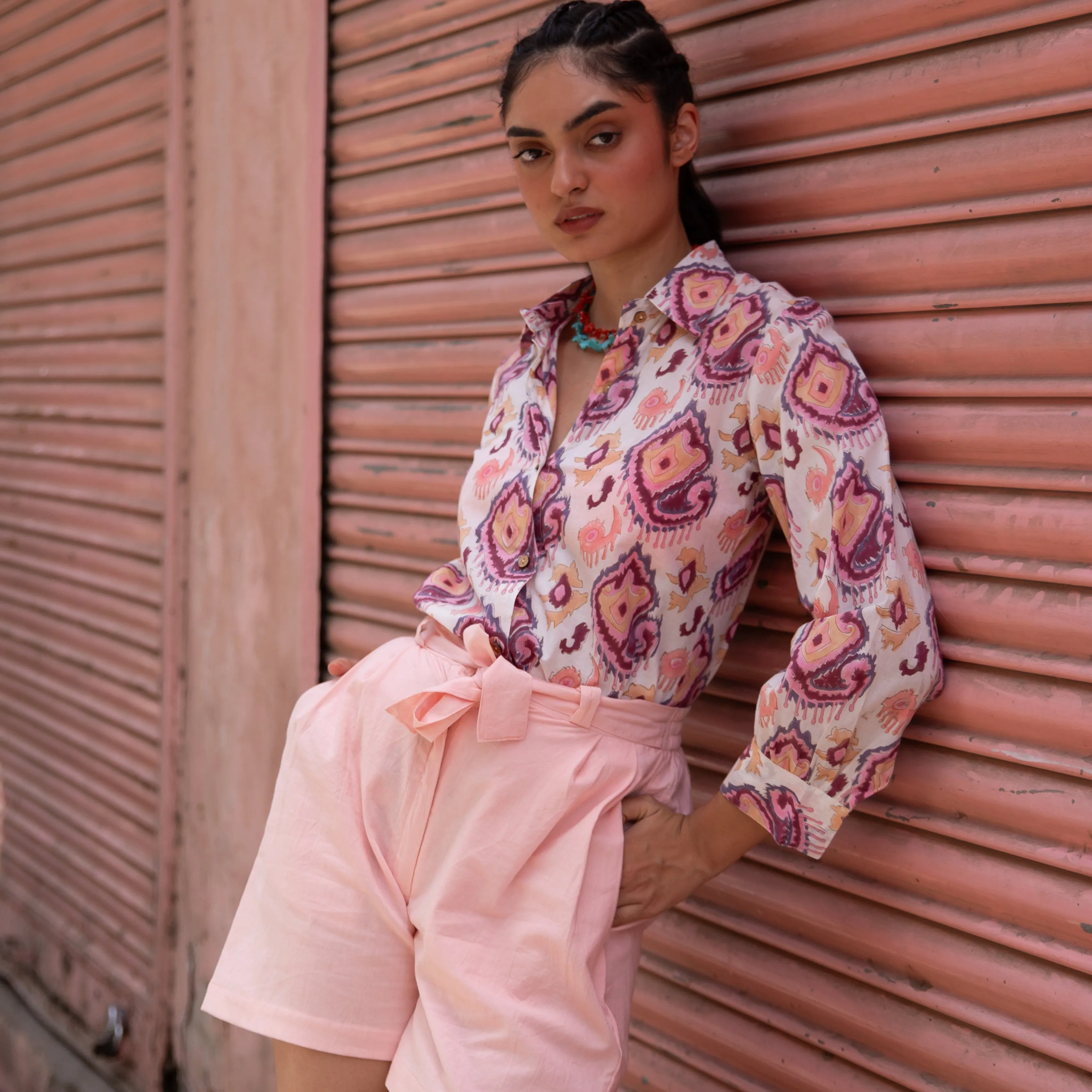 Ruhani White and Pink Ikat Blockprinted Shirt