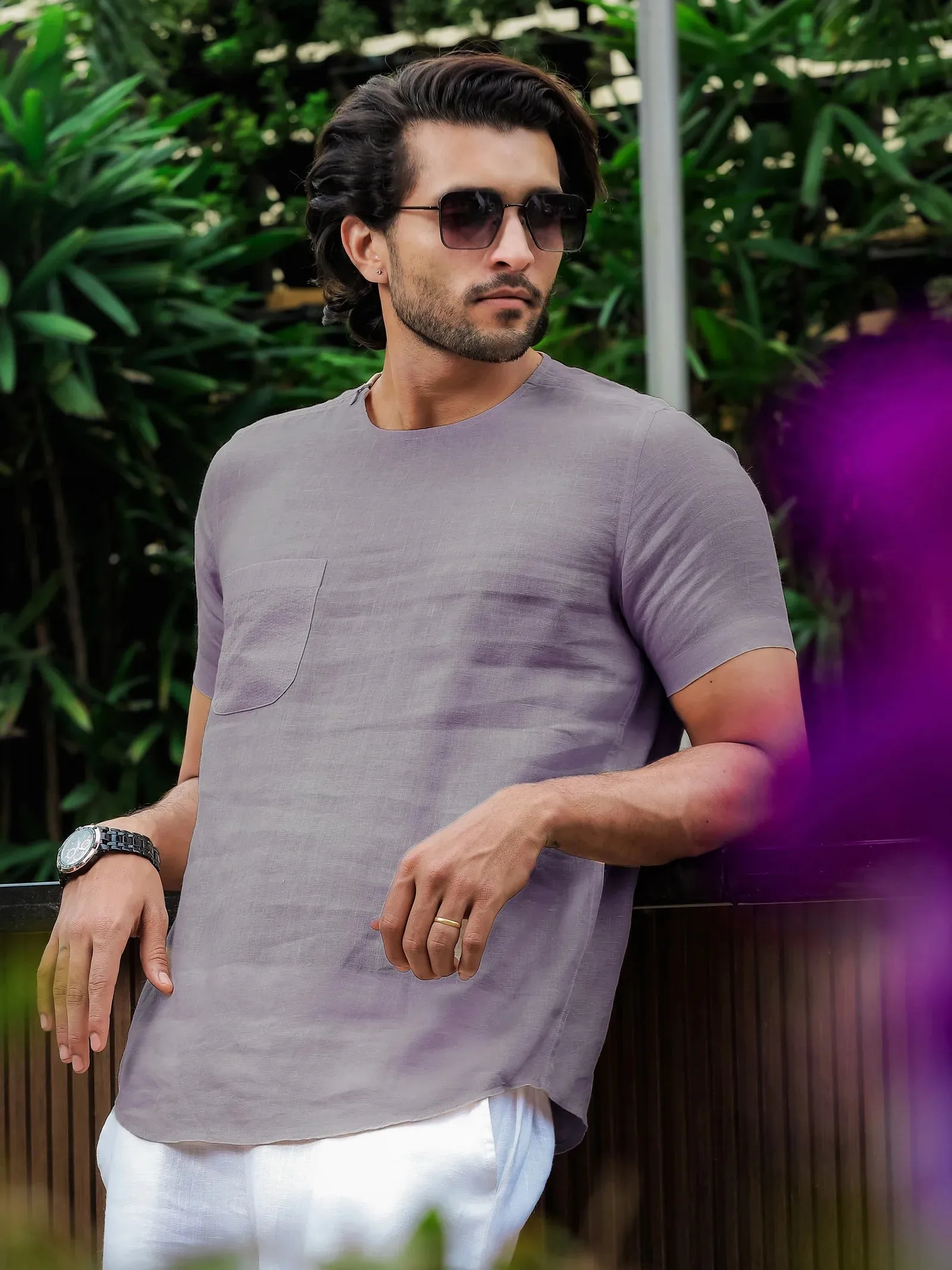 Simon - Pure Linen Stitch Detail Short Sleeve T-Shirt - Misty Lilac