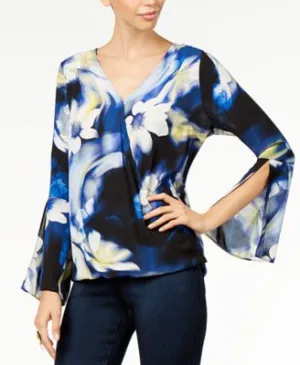 Thalia Sodi Printed Bell-Sleeve Top, Blue Petals XXL