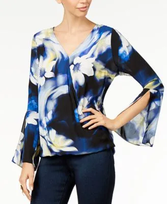 Thalia Sodi Printed Bell-Sleeve Top, Blue Petals XXL