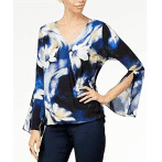 Thalia Sodi Printed Bell-Sleeve Top, Blue Petals XXL